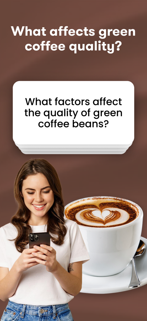 Study flashcard about factors affecting green coffee quality in the Q Grader Trainer Pro app