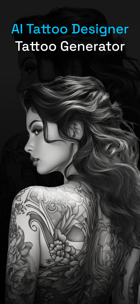 Tattooist - AI Tattoo Design - AI tattoo generator app screen displaying a woman with a large floral back tattoo