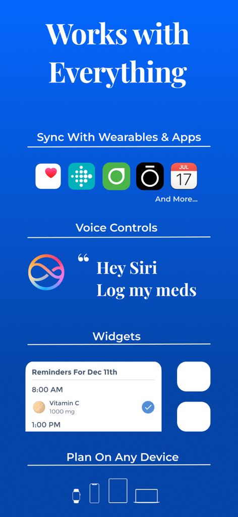 Tracker, Reminder - CareClinic - CareClinic app integration features including wearable sync, Siri voice controls, widgets, and multi-device support