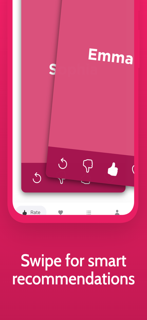 Interface do aplicativo Baby Name Genius mostrando cartões de deslize para recomendações de nomes de bebês