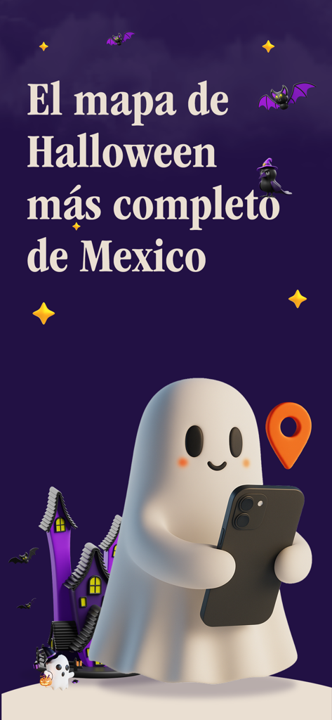 Dulce Halloween - A cute cartoon ghost holding a smartphone next to a haunted house and a location pin for the Dulce Halloween app.