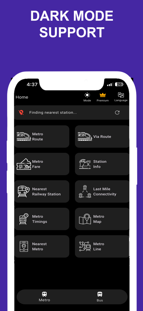 Delhi Metro Route Map and Fare app interface displaying home screen menu options in dark mode