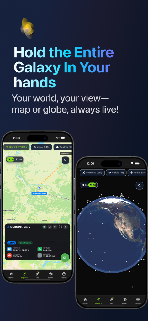 SpaceSight24 ISS & Starlink - SpaceSight24 app interface showing a 2D map for live Starlink tracking and a 3D globe with orbital satellites.