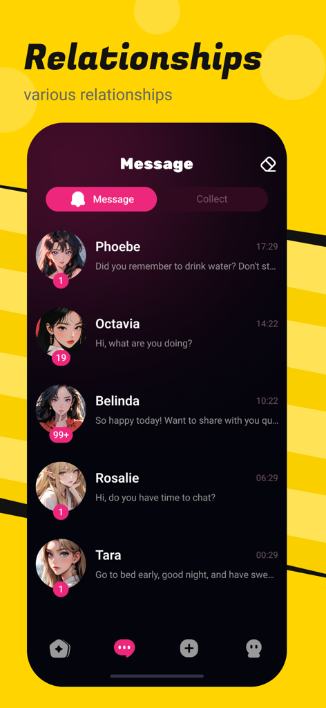 Crazy - Role Playing Companion - Interface of the Crazy role playing app showing a list of anime-style AI character avatars and chat messages