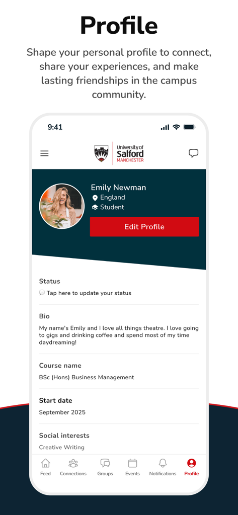 SalfordUni CampusConnect - A user profile screen in the SalfordUni CampusConnect app showing a student bio, course details, and interests.