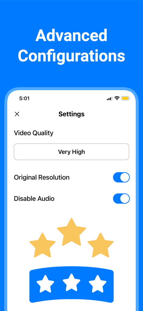 Compress Videos - Reduce Size - Advanced configuration screen for video compression showing quality and resolution settings