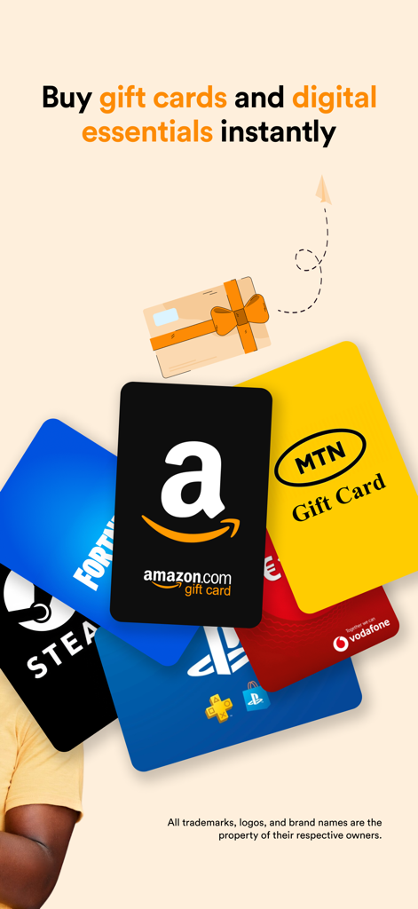 Accrue: Send. Spend. Sell. - Pantalla que muestra tarjetas de regalo digitales para Amazon, MTN y Vodafone en la aplicación Accrue