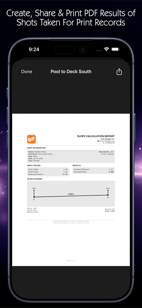 A professional slope calculation report generated on an iPhone including site data and a visual slope diagram