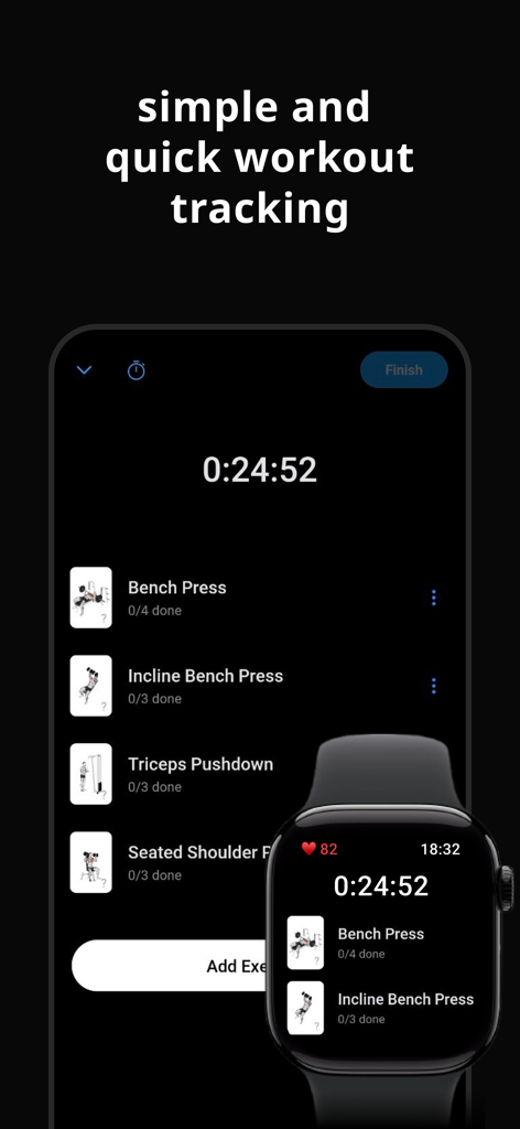 Lyfta: Gym Workout Tracker Log - Interfaz de la aplicación Lyfta gym workout tracker en un smartphone y Apple Watch mostrando registro de ejercicios en vivo