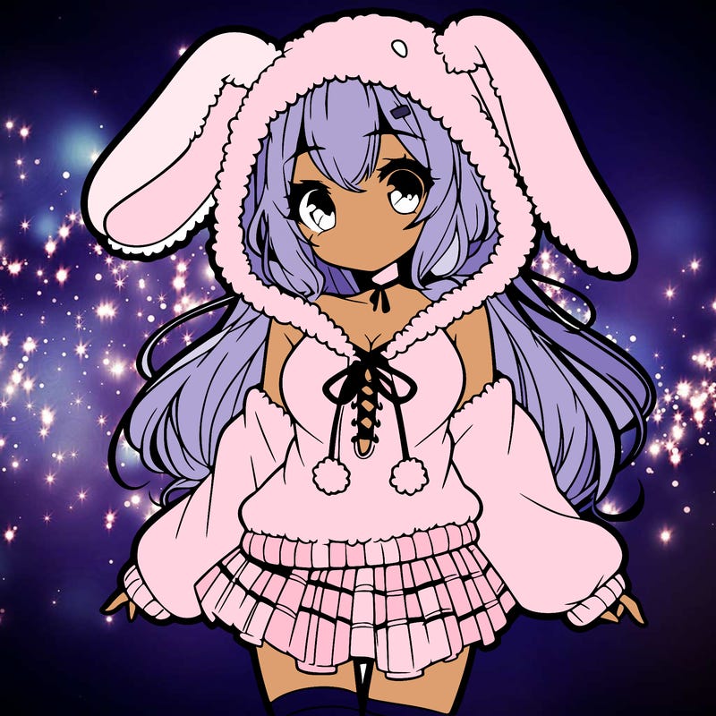 pretty anime girl wearing a fluffy hoodie with bunny ears on the hood and a skirt