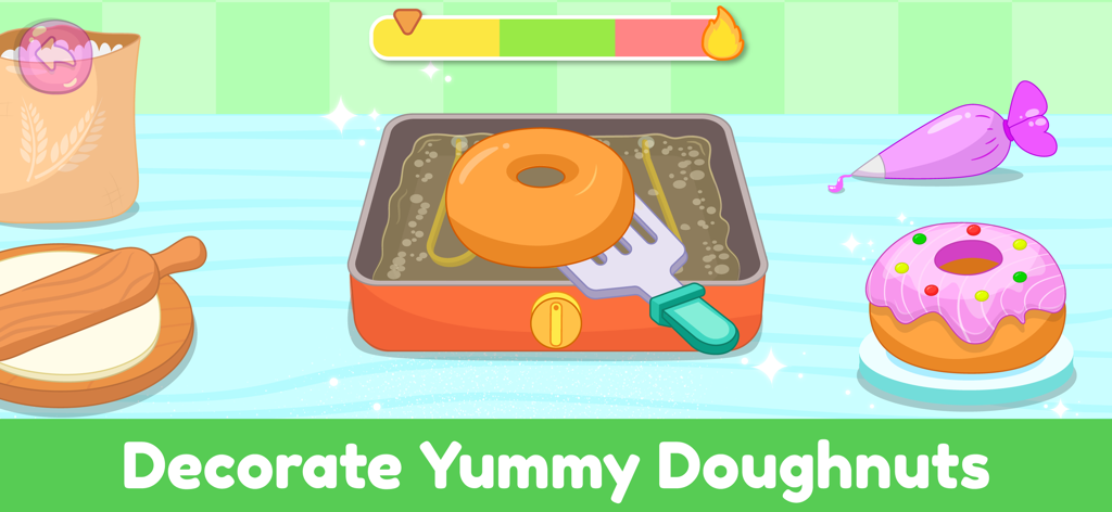 Kids Cooking Games for Toddler - Uma tela de jogo móvel colorida para bebês mostrando o processo de fritar e decorar um donut rosa com confeitos