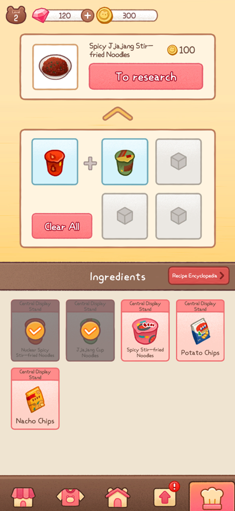 Gomdol CEO mobile game screen showing the ingredient combining and recipe research interface for spicy jjajang noodles.