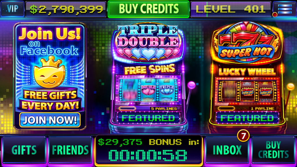 Game lobby of VEGAS Slots Casino featuring classic 3-reel slot machines