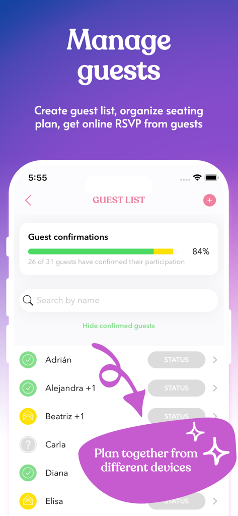 Quincy - Quinceanera Planner - Quincy app screen showing guest list management and RSVP tracking for a Quinceañera celebration