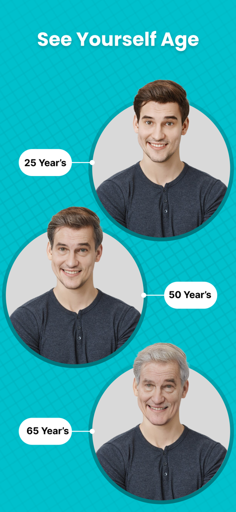 AI Bald Camera Photo Editor - Une comparaison montrant un homme à vingt-cinq, cinquante et soixante-cinq ans utilisant la fonctionnalité de filtre de vieillissement IA.
