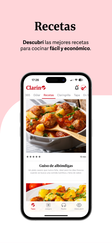 Clarín.com - The Clarín app displaying a meatball stew recipe in the recipes section.