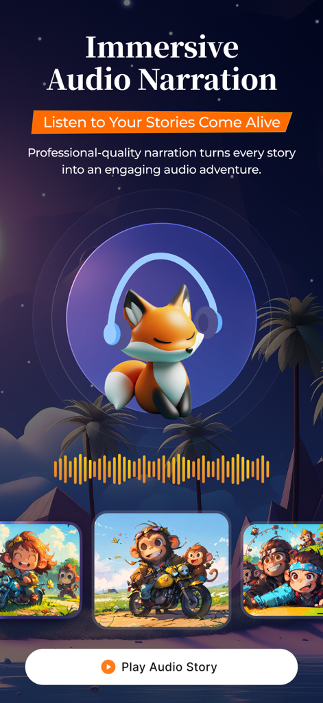 StoryStax - Kids Story Creator - Screenshot of the StoryStax app showcasing immersive audio narration for kids stories with a fox character wearing headphones