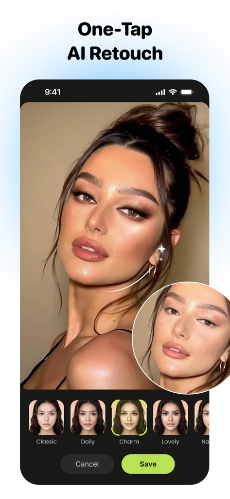 PhotoCat - Enhancer & Cleaner - Pantalla de smartphone mostrando la función de retoque IA de la aplicación PhotoCat con comparación de antes y después de la cara de una mujer.