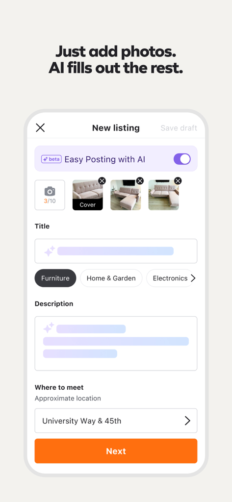 Karrot app screenshot showing how AI automatically generates listing details from photos of a sofa.