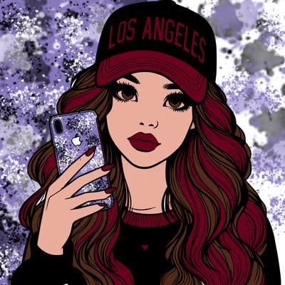 realistic beautiful girl wearing los ángeles cap holding an iphone