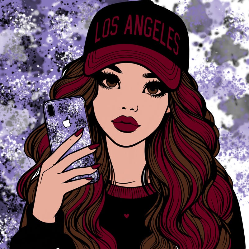 realistic beautiful girl wearing los ángeles cap holding an iphone