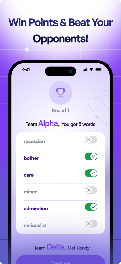 Pantalla de puntuación del juego de fiesta de la app Flizz que muestra puntos y palabras adivinadas para el Equipo Alfa.