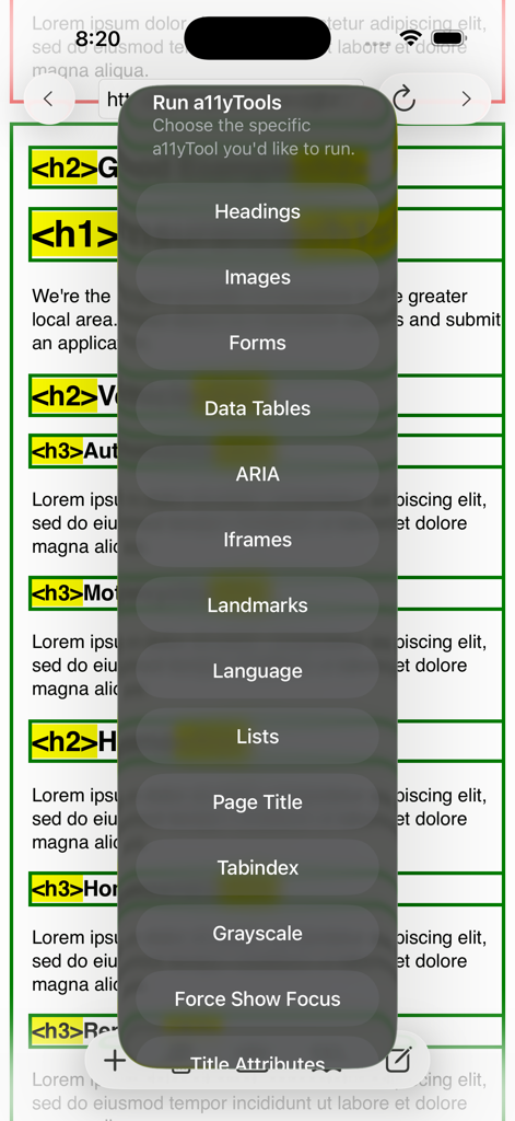 a11yTools - Web Accessibility - A menu of accessibility testing tools including Headings, Images, and Forms overlaid on a webpage.