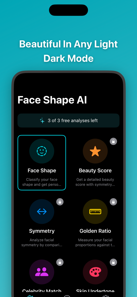 Face Shape AI: Face Analyzer - Face Shape AI app interface in dark mode showing various analysis tools including Face Shape, Beauty Score, and Symmetry.