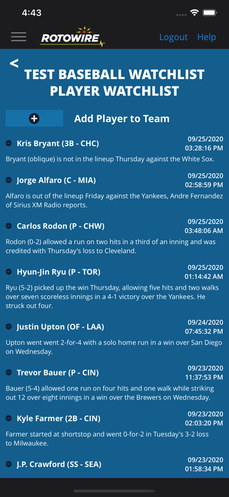 Interface de l'application RotoWire affichant une liste de joueurs de baseball fantasy à suivre, avec mises à jour et statut des joueurs.