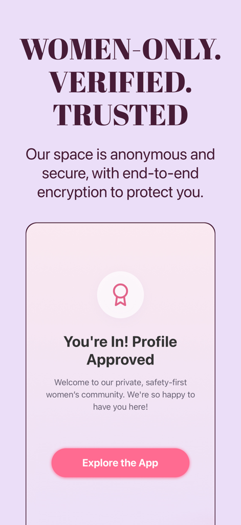 Sistr: Vetted Dating - Sistr App-Oberfläche, die eine Meldung zur Genehmigung eines verifizierten Profils für eine reine Frauendating-Community anzeigt.
