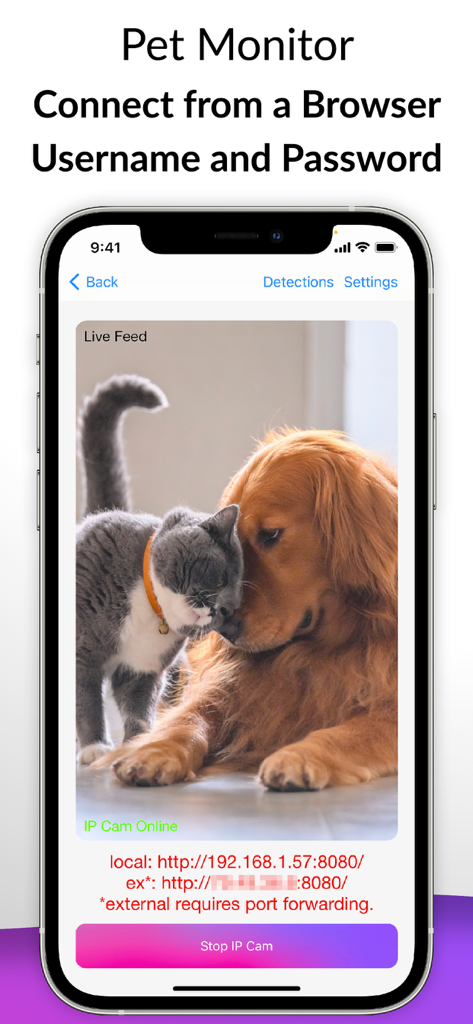 Phone IP Camera Surveillance - 犬と猫が映ったライブペットモニターフィードを表示するスマートフォン画面