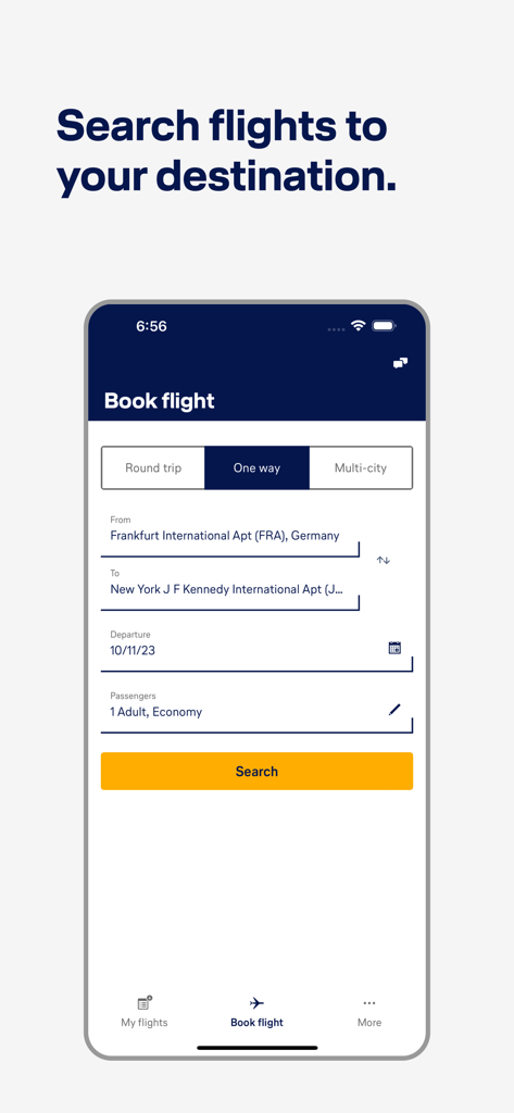 Lufthansa app screen for booking a flight with search options for origin destination and date