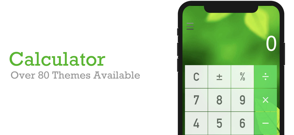 Calculator - Calculator app interface featuring a green nature theme with large buttons and over eighty customization options.