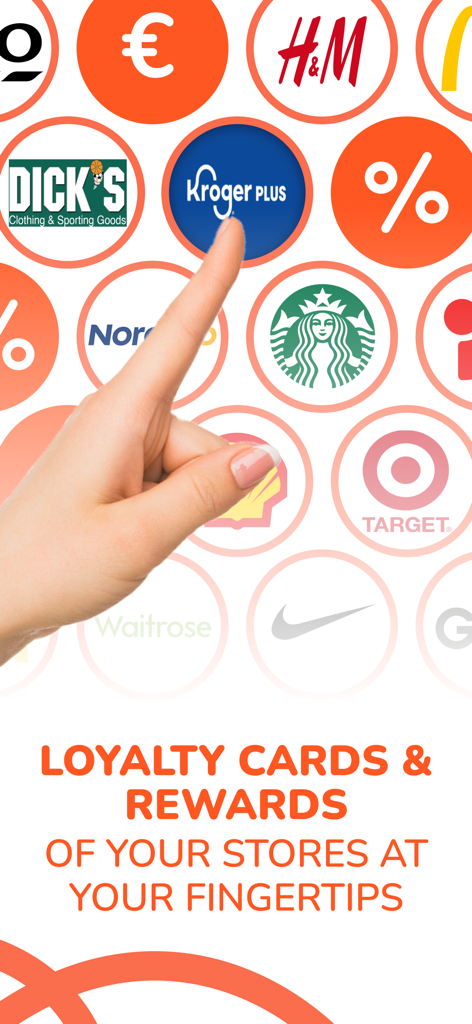 Fidme: Loyalty Cards, Cashback - Hand pointing at store loyalty card logos including Kroger and Target in the Fidme app