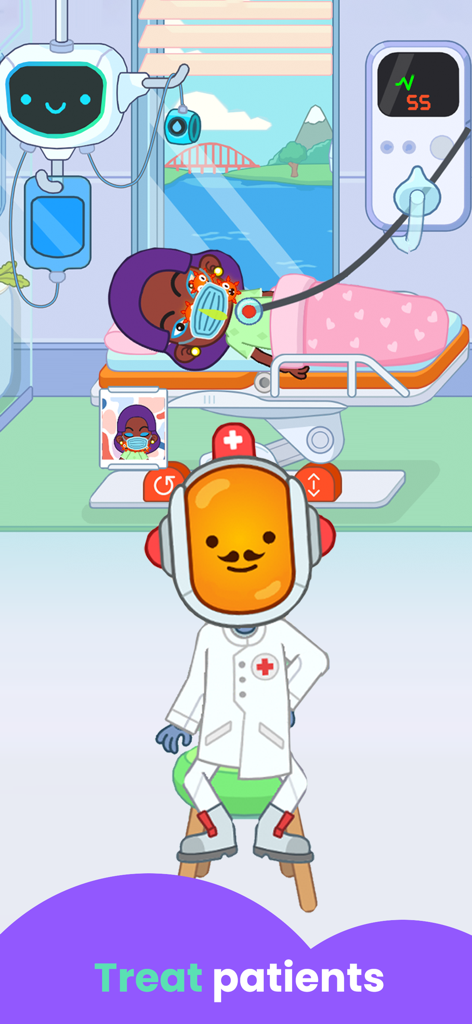 Un juego de clínica médica amigable para niños que muestra a un personaje médico tratando a un paciente en una cama de hospital