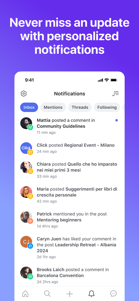 Click Academy - Click Academy app notifications screen showing community updates about events and mentions.