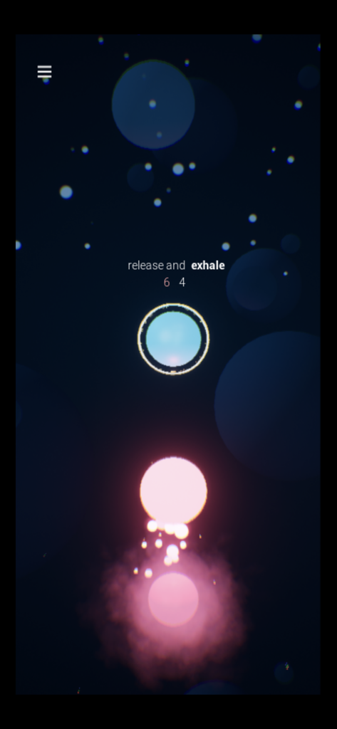 Guided exhale screen in Breathing Flow app featuring glowing visual circles and touch instructions.