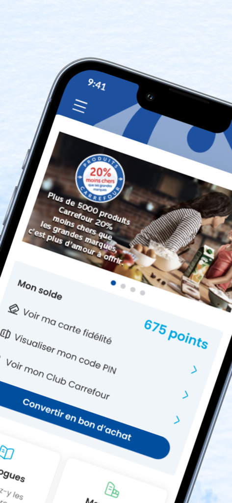 Écran de l'application mobile Carrefour Maroc montrant les points de fidélité digitaux et les options de récompenses