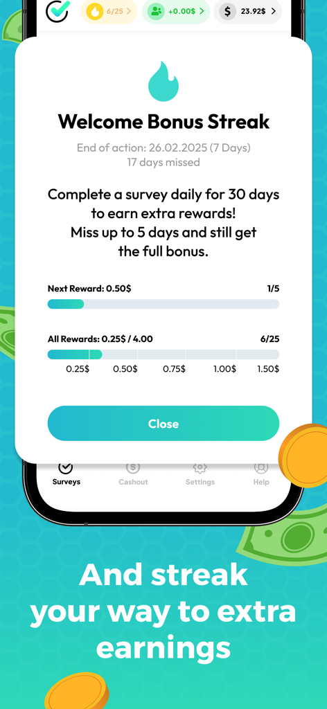 NiceSurveys: Earn Smarter - NiceSurveys Welcome Bonus Streak screen showing reward progress bars for daily surveys