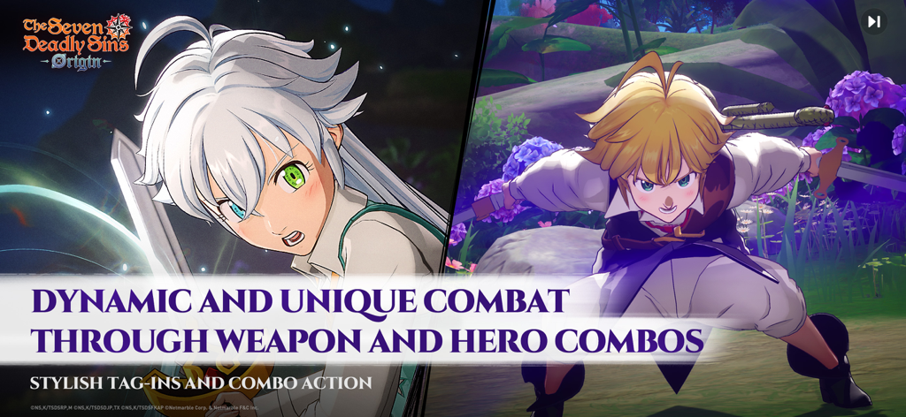 A split-screen view showing Tristan and Meliodas from The Seven Deadly Sins Origin highlighting the dynamic hero combo combat system.