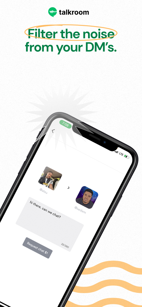 Talkroom app screen showing a paid chat request to filter direct messages