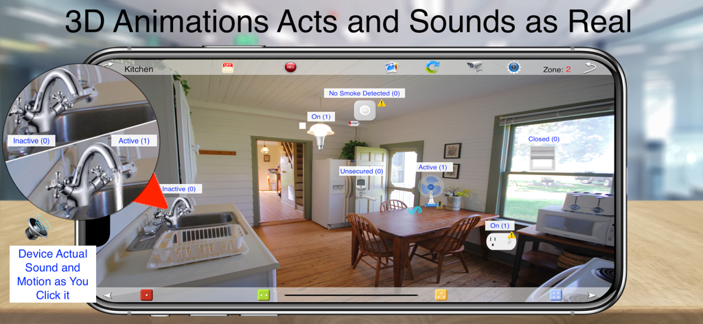 HOS Smart Home BACnet BMS - Interfaz de la aplicación HOS Smart Home mostrando controles 3D de cocina con efectos de sonido y movimiento reales