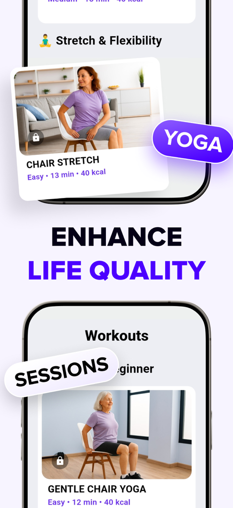 Tai Chi Walking & Chair Yoga - Captura de tela do aplicativo Caminhada Tai Chi e Yoga na Cadeira mostrando sessões de treino sentadas suaves para idosos melhorarem a qualidade de vida.