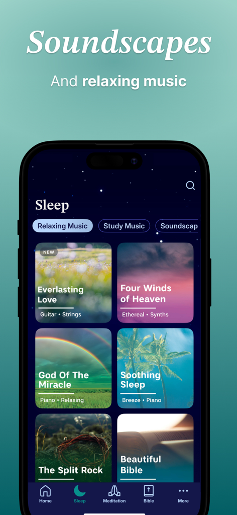 Abide app screen featuring Christian soundscapes and relaxing music for better sleep.