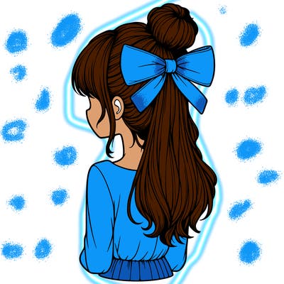 realistic girl  with hip length hair a bun and a big bow on the back of head