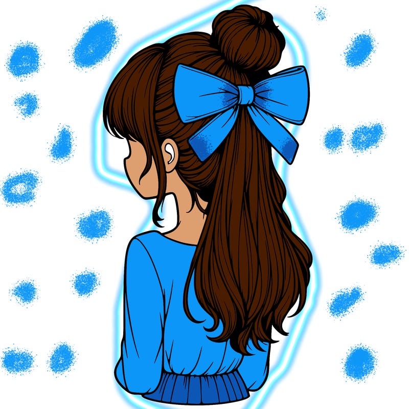 realistic girl  with hip length hair a bun and a big bow on the back of head