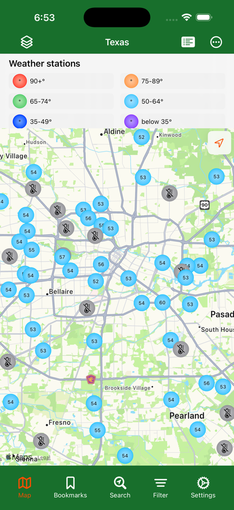 Texas Traveler - A map of the Houston area in the Texas Traveler app displaying local weather station temperatures and color-coded climate data.