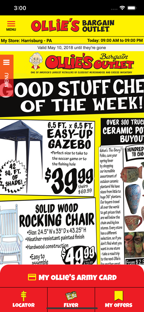 Ollie's Bargain Outlet, Inc - Écran d'accueil de l'application Ollie's Bargain Outlet montrant les offres du dépliant hebdomadaire pour un gazebo et une chaise berçante avec accès à la carte de fidélité numérique Ollie's Army