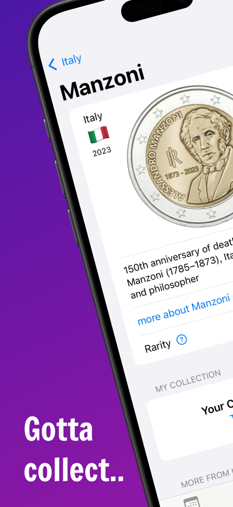 2 Euro - A detailed view of the 2023 Alessandro Manzoni commemorative 2 Euro coin from Italy within the coin catalog app interface.