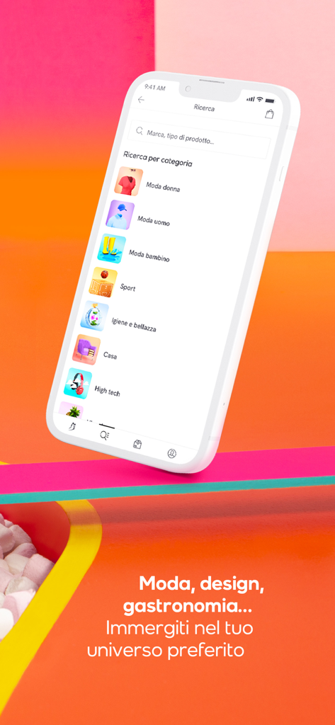 Interfaccia dell'app Privalia che mostra le categorie di ricerca per moda, casa e bellezza